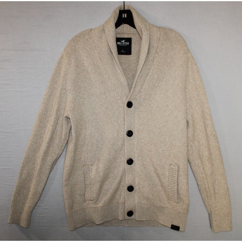 Hollister Mens Thick Knit Shawl Collar Button Cardigan Sweater Beige Size Large